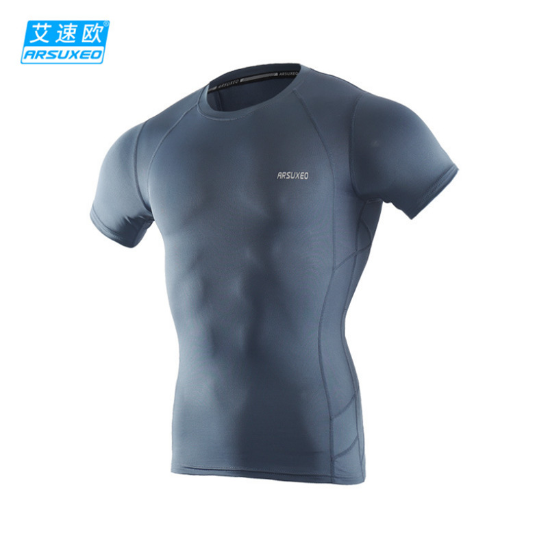 ARSUXEO outdoors run Riding Bodybuilding Basketball Elastic force Tight fitting ventilation Quick drying Short sleeved Bottoming coat