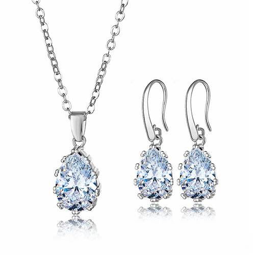 Bridal Jewelry—Waterdrop Zircon Jewelry Set: New European and American Style Necklace, Pendant, and Earring Set—Jewelry Accessories