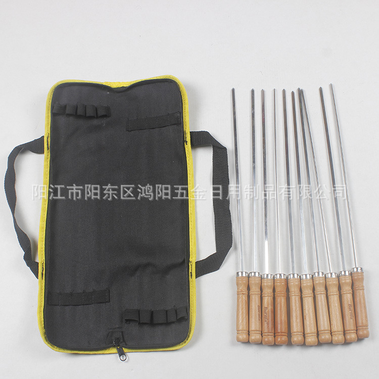 Los fabricantes suministran pinchos de acero inoxidable aguja de barbacoa antiquemaduras mango de madera pinchos de barbacoa 10 directrices barbacoa palo barbacoa tenedor