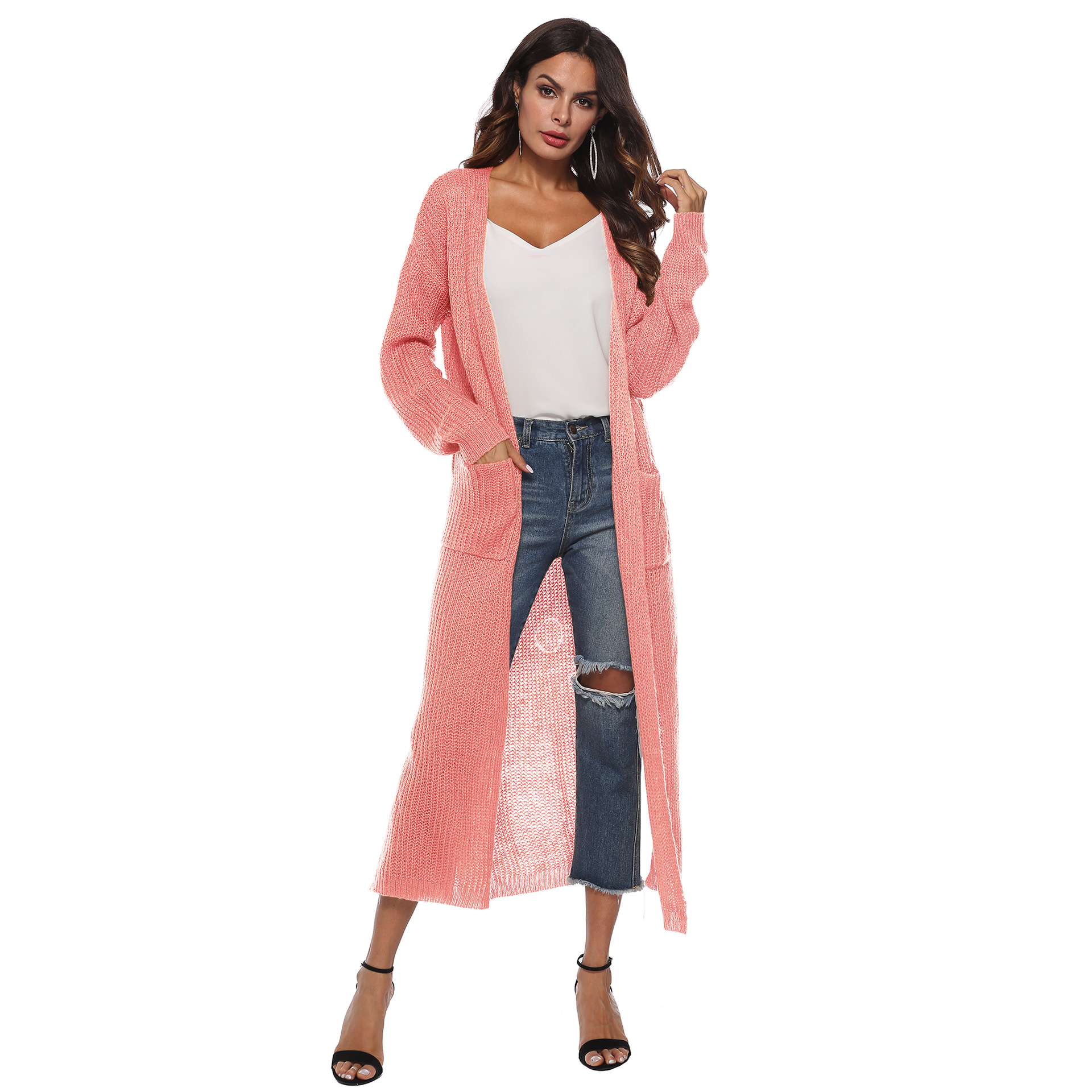 open-fork big pocket knit long thin coat NSOY28458