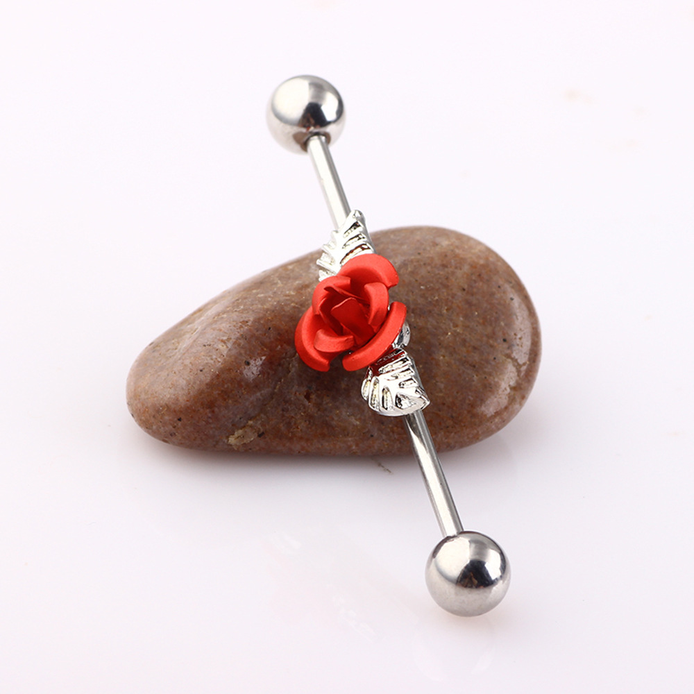 Rose Gold Long Ear Studs Flower Design Cartilage Earring Industrial Barbell Tongue Nail Piercing Jewelry detail image 7