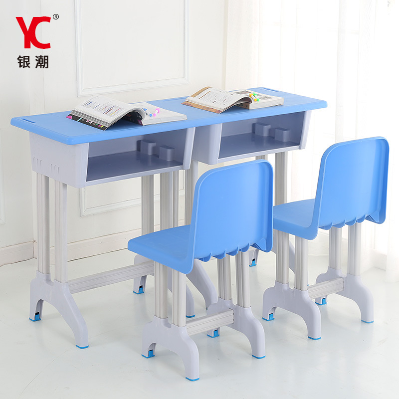 Factory direct silver tide card double panel plastic steel environmental desk primary and secondary school student dual class desk chair blue