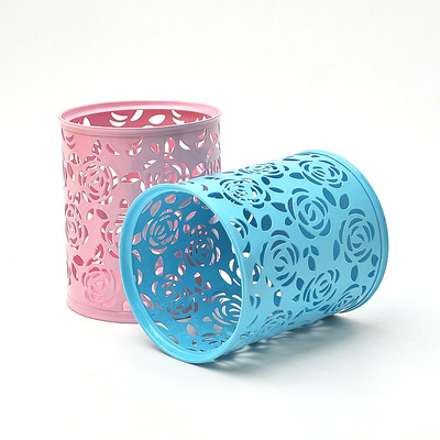 创意办公文具桌面笔筒桌面收纳整理桶金属镂空网格花纹收纳大笔筒|ru