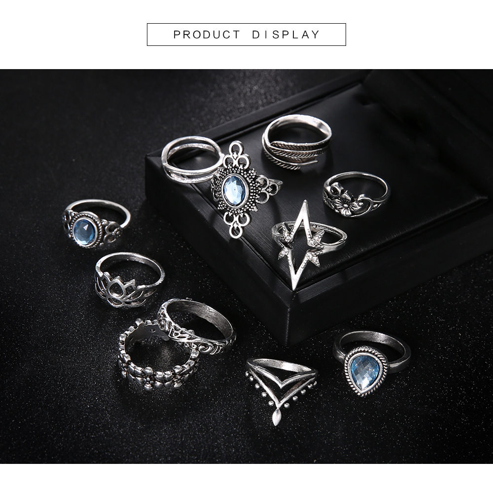 Retro Diamond Engraved Starry Sky Gemstone Lotus Starlight Feather Ring 11-piece Set display picture 4