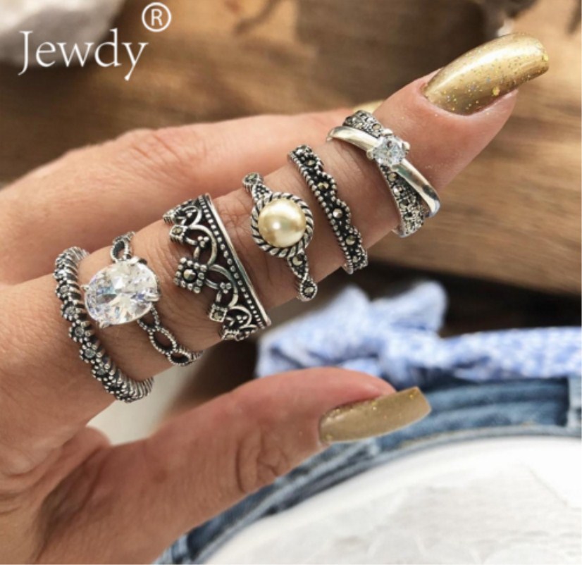 速卖通欧美时尚缠绕镶钻皇冠珍珠简约复古6件套戒指