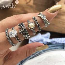 速卖通欧美时尚缠绕镶钻皇冠珍珠简约复古6件套戒指