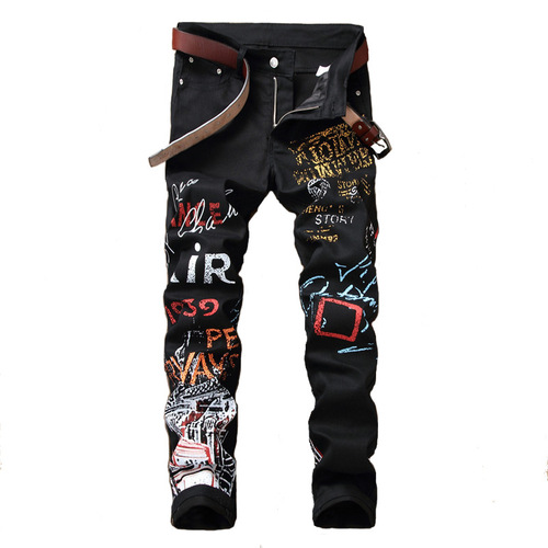 Men's Elastic Leisure Pants, Print Straight Leg Jeans, Street Fashion, Bulk Starting at 5601