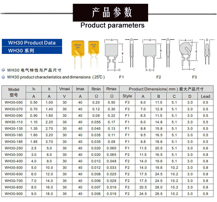 PTC插件30V系列参数图