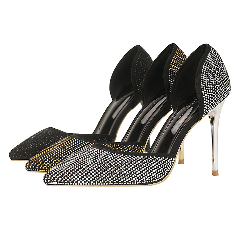 Chaussures à talons hauts super hauts élégantes et élégantes à bout peu profond et pointu avec strass brillants creux pour femmes_voghion.com