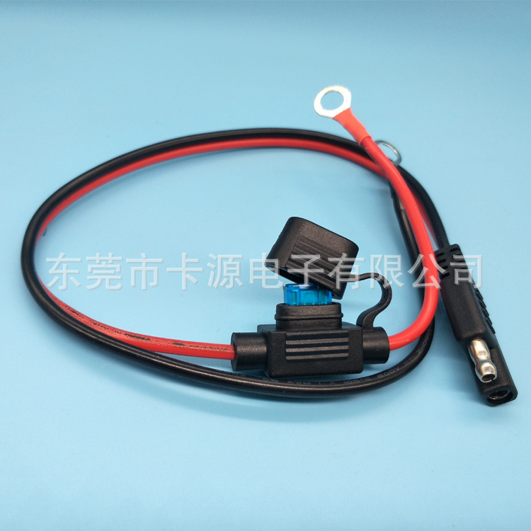 供应SAE4.5 插头线带Mini 保险丝10A红黑并线  带圆盘端子SAE线