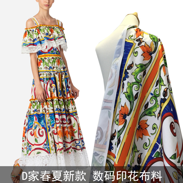 2018年春夏新款 D家格子花连衣裙服装批发市场数码印花时装面料