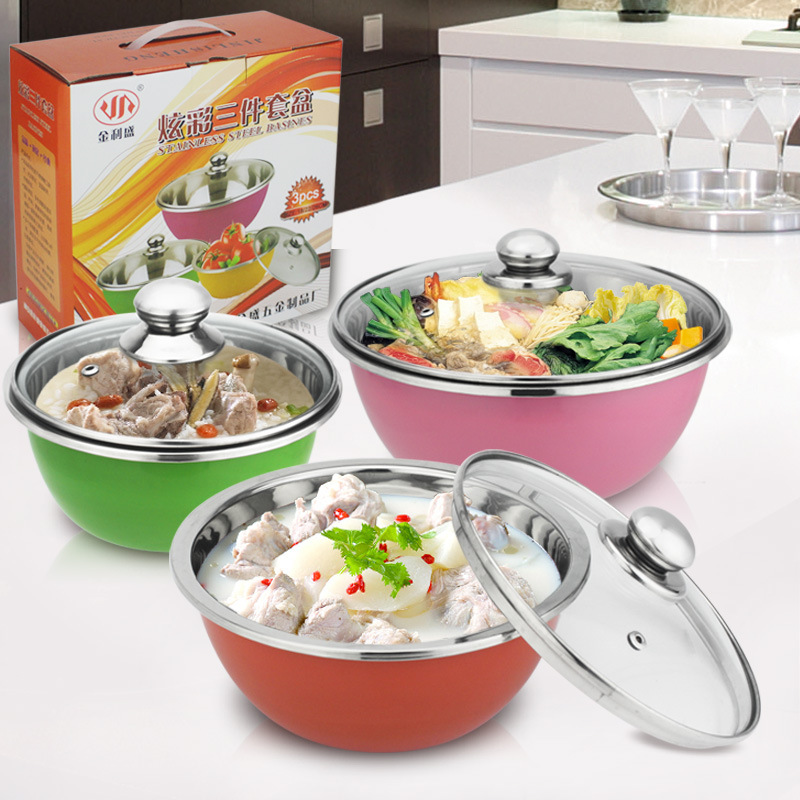 特厚彩色盆帶玻璃蓋 廚房三件套不鏽鋼反邊調料缸炫彩盆套裝禮品