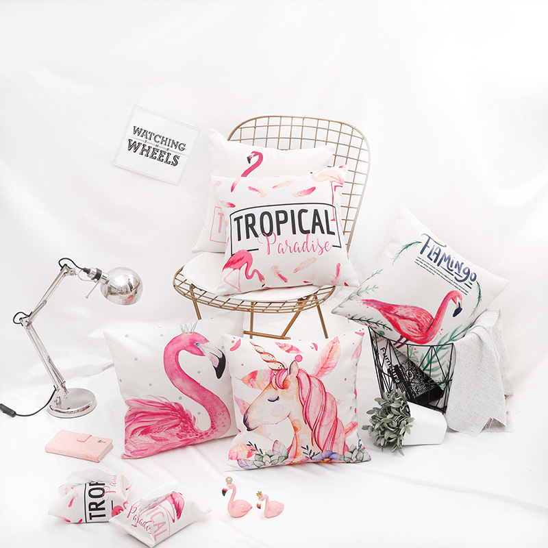 ins风北欧火烈鸟枕抱 办公室布艺沙发靠垫套家居棉麻靠枕套厂家直