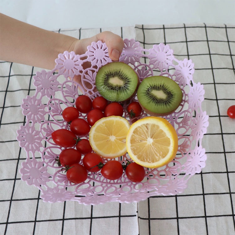 现代家用创意塑料彩色水果盘 客厅干果盘 镂空花边收纳整理盘方形