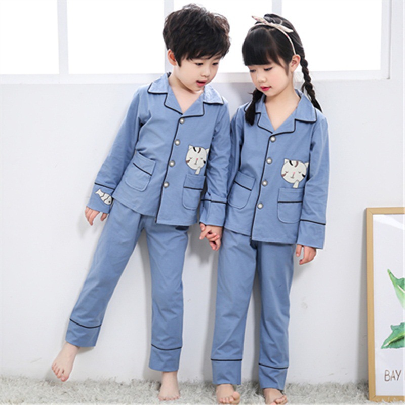 春秋季儿童长袖长裤男孩女孩睡衣纯棉宝宝开衫翻领家居服小孩套装