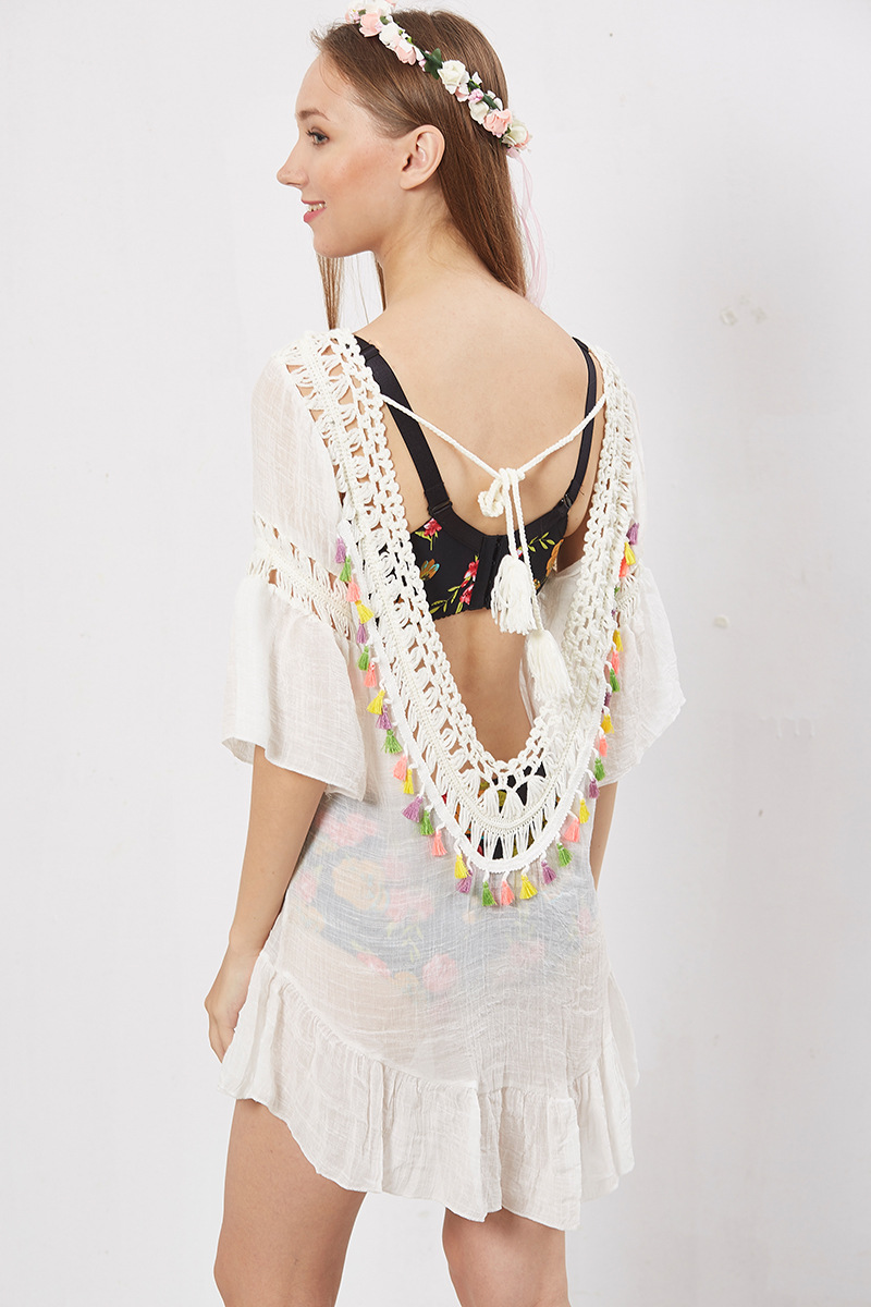Sexy Bikini Cover Up Colorful Lantern Tassels Hollow Design U Back Tie Closure Beachwear for Summer Wholesale