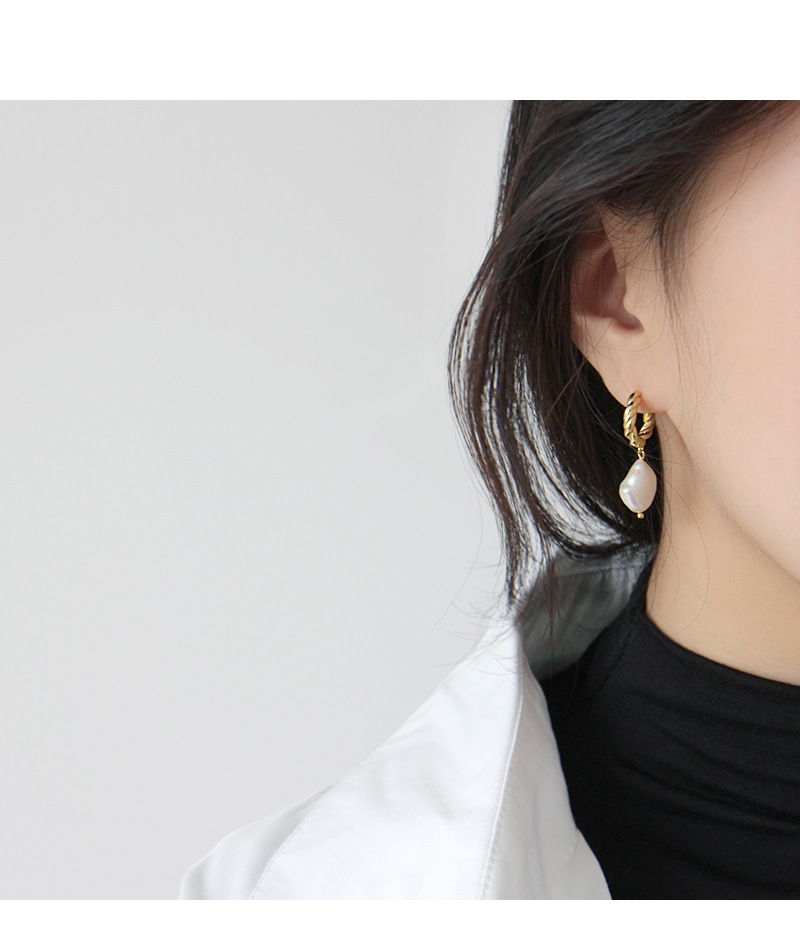 8g Weight 0.03µm Gold Plating Thickness Water Plating Gold Plating Process 925 Sterling Silver Ear Needle Material 18K Real Gold Plated, Platinum Plated Plating Material Natural Stone Inlay Material Et297 Korean Style S925 Sterling Silver Stud Earrings Baroque Pearl Twist Ring Female Stud Earrings Eardrops Silver Earrings