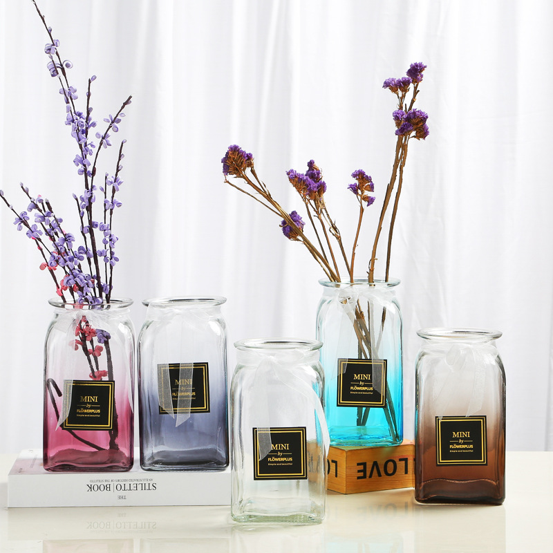 渐变欧式透明彩色玻璃花瓶创意水培植物花瓶干花插花瓶摆件批发