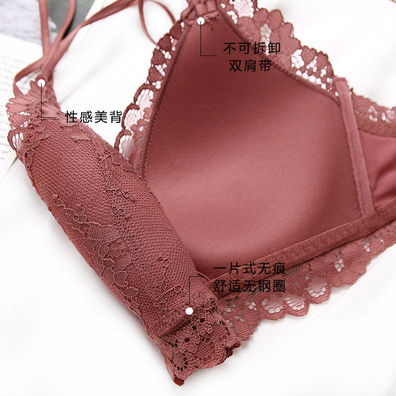 Lace sexy thin wireless bra, underwear, set, thin strap, beautiful back