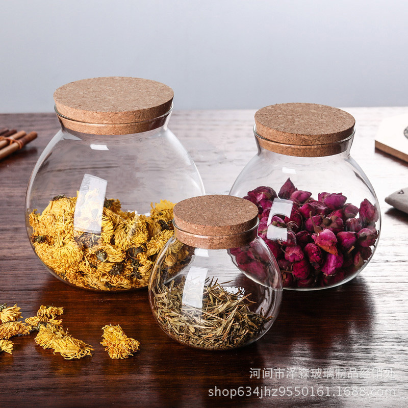 批发大中小号玻璃茶叶罐 微景观生态瓶 圆形密封罐软木塞储物罐|ru