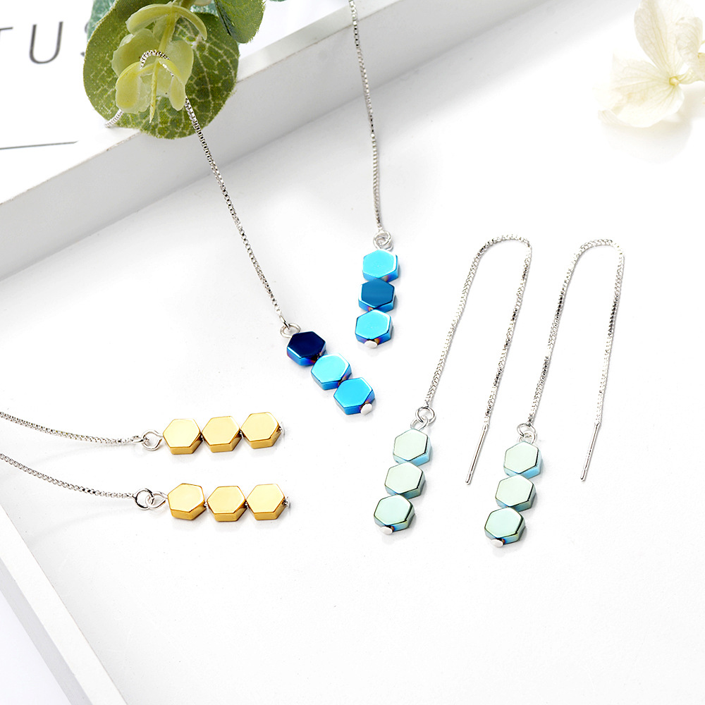 Green hexagonal geometric long fresh elegant copper Korean earrings