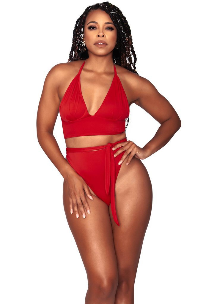 solid color high waist strap split swimsuit  NSHL43134