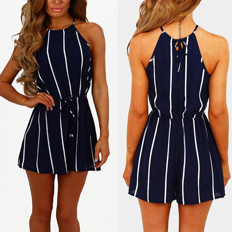 striped navy blue shorts jumpsuit  NSKX10156