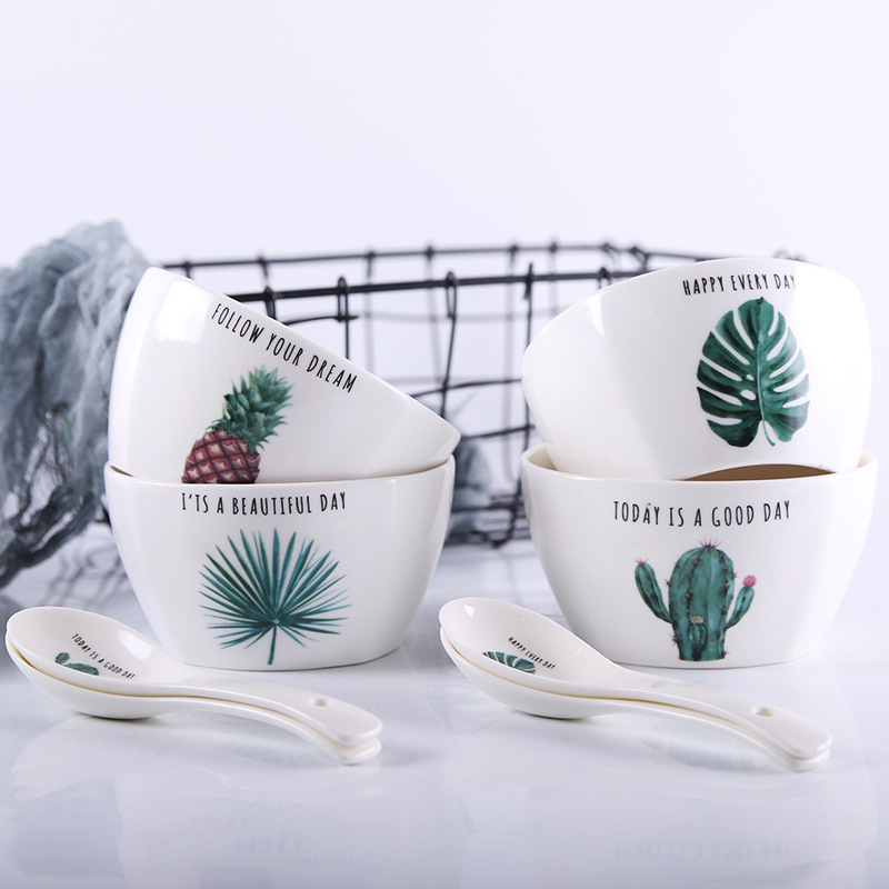 陶瓷碗创意沙拉碗家用方碗北欧餐具绿植物饭碗陶瓷碗盘碟套装定制