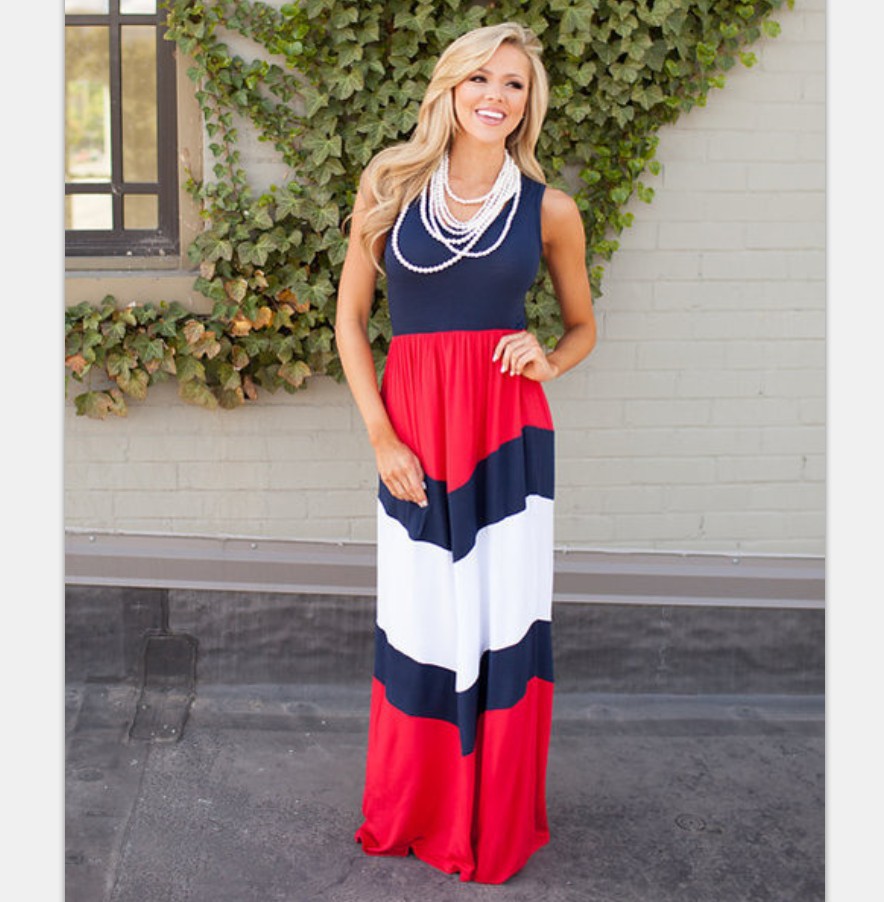 Color Block Striped Dress Blue and Red Casual Style Summer Fashion Wholesale Available customizable