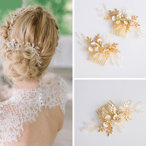 2pcs Korean bridal headdress for women photos shooting barrette Sen system fairy golden leaf flower evening dress hair comb Wedding dress Accessories