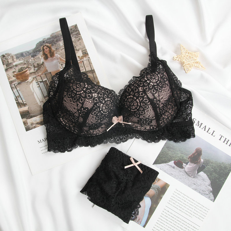 3285 # Vinifang New Sexy Lace Embroidery No Steel Ring Comfortable Gathering Underwear Bra Set_voghion.com