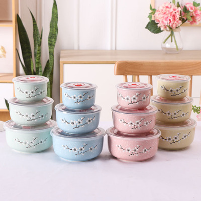 厂家批发韩式保鲜碗三件套礼品套装 家庭实用釉下彩陶瓷餐具定制|ms