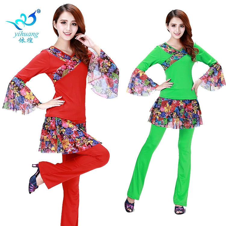 Новый квадратный танцевальный сценический костюм Костюм для выступлений Женский костюм с принтом Труба с длинным рукавом Конкурсный костюм для выступлений Танцевальный костюм