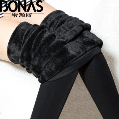 宝娜斯新款袜子女秋冬季300G加绒加厚保暖打底裤外穿黑色踩脚批发