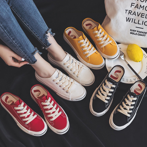 Spring and summer new student canvas shoes women's fashion lace-up sneakers open white shoes sandals half drag holder breathable