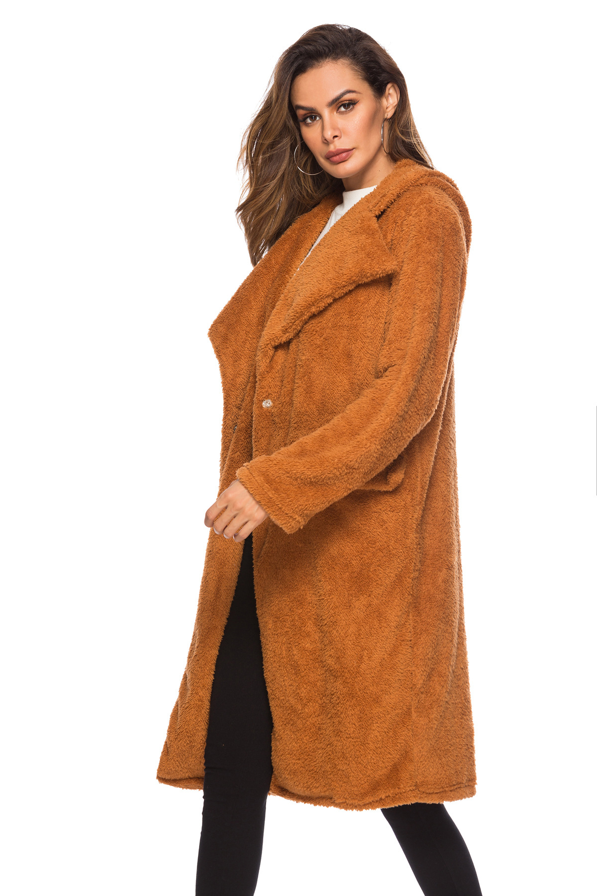  women s woolen long coat lapel hooded vertical pocket woolen cloth NSDF1314