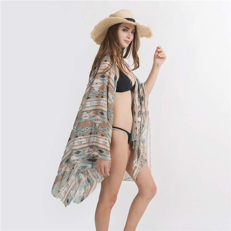 Suministro transfronterizo 2020 Venta caliente verano nuevo psicodélico patrón geométrico gasa kimono cardigan bikini blusa