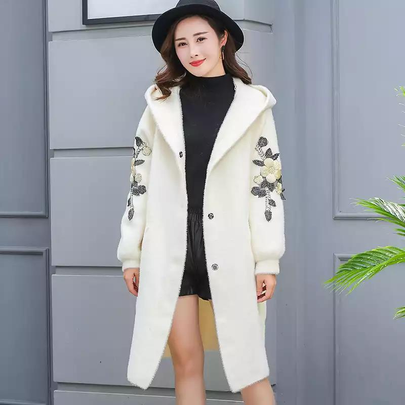 秋冬爆款繡花泡泡袖長款過膝仿貂絨大衣歐洲站水貂絨外套女寬松