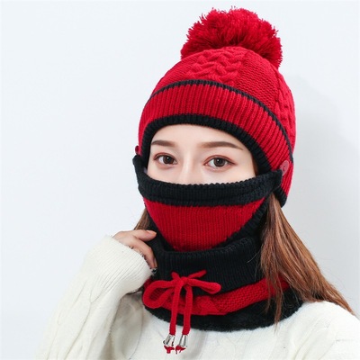 口罩帽子围脖套装 冬季女士针织毛球毛线帽 加绒保暖户外套头帽