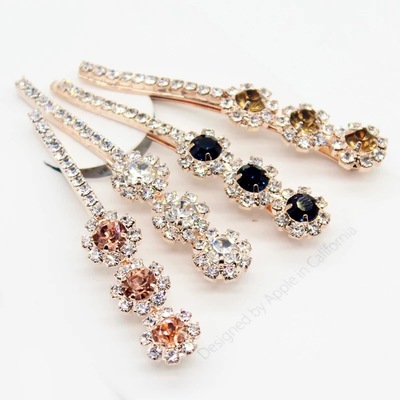 新款简约花朵边夹金属一字发夹女韩式头饰水钻发卡发饰刘海夹批发|ms