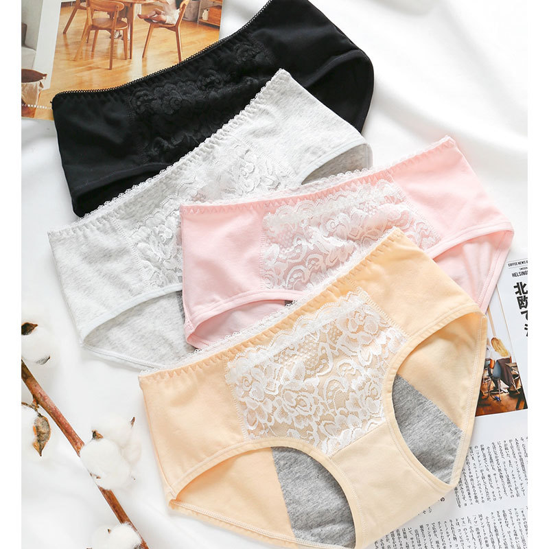 爆款生理内裤女大码防水纯棉防漏印花底裤 蕾丝透气生理三角内裤