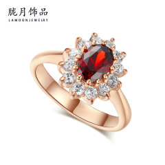 Cross-border classic jewelry, European and American fashion wedding accessories, trendy red garnet rose gold women's ring wholesale