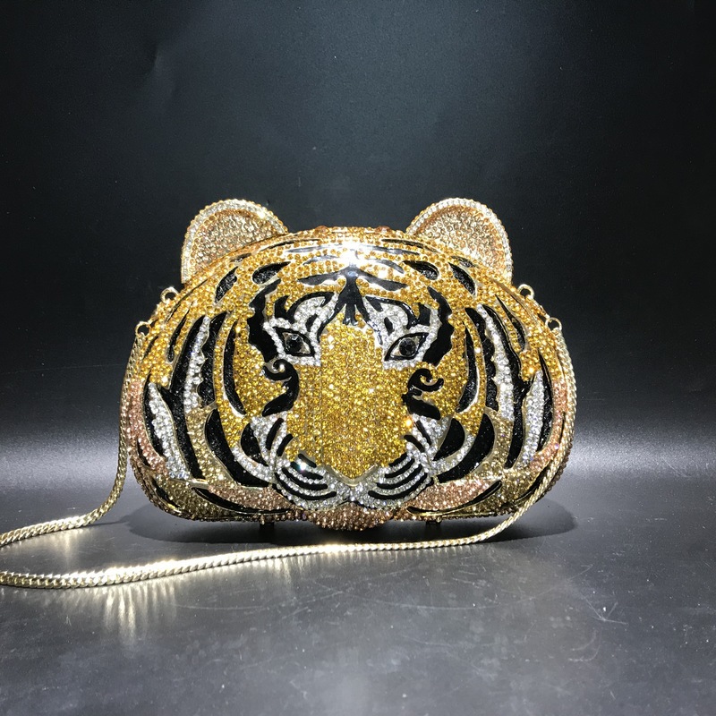 Tiger Head Water Drill Bag Hollow Metal Crystal Evening Bag Handmade Diamond Bag AliExpress Foreign Trade Ladies Tote Bag