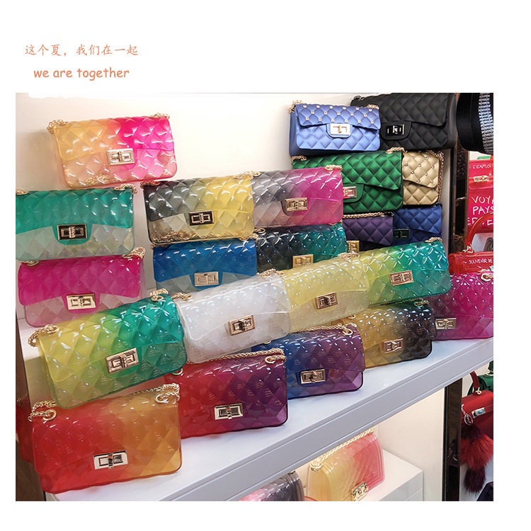 2025 Summer New gradient color jelly bag, ins diamond chain small square bag, single-shoulder crossbody women's bag Specification drawing