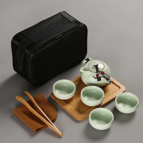 Ceramic travel tea set, portable bag, mini logo teapot, tea cup, simple household kung fu tea tray