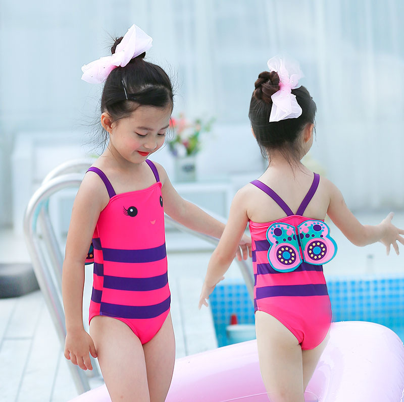 2019新款儿童泳衣小中大童玫红蝴蝶条纹可爱女孩公主连体温泉泳|ms