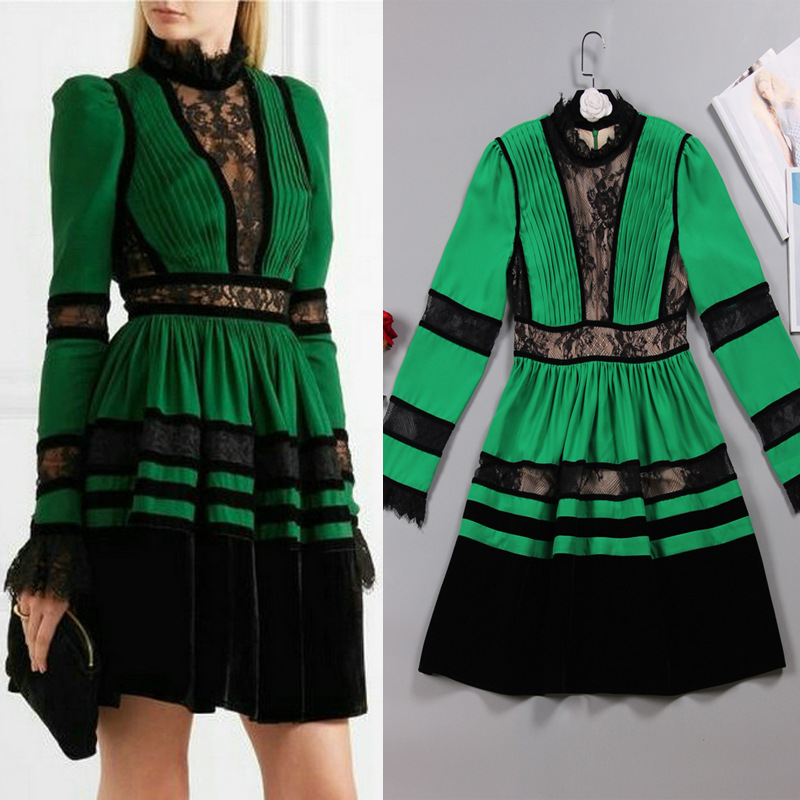 热款2021春夏季同款新款纯色丝绒蕾丝拼接重工压褶连衣裙时尚女装