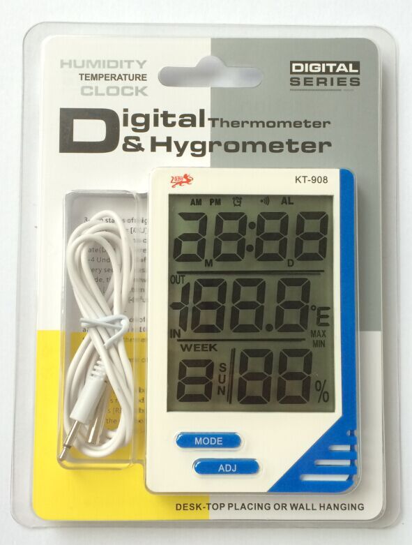 供应KT908电子数显温湿度计 大屏幕带时钟多功能温湿度计