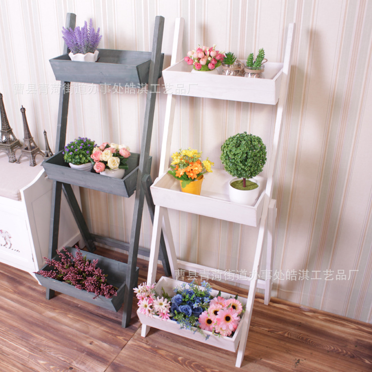 实木现货阳台花架花盆木质花店落地复古多肉绿萝房腐木花架三层|ru