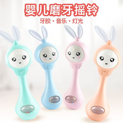 Baby teether hand rattle toy, BB soft rubber animal hand rattle, baby cartoon rabbit teething rhythm stick
